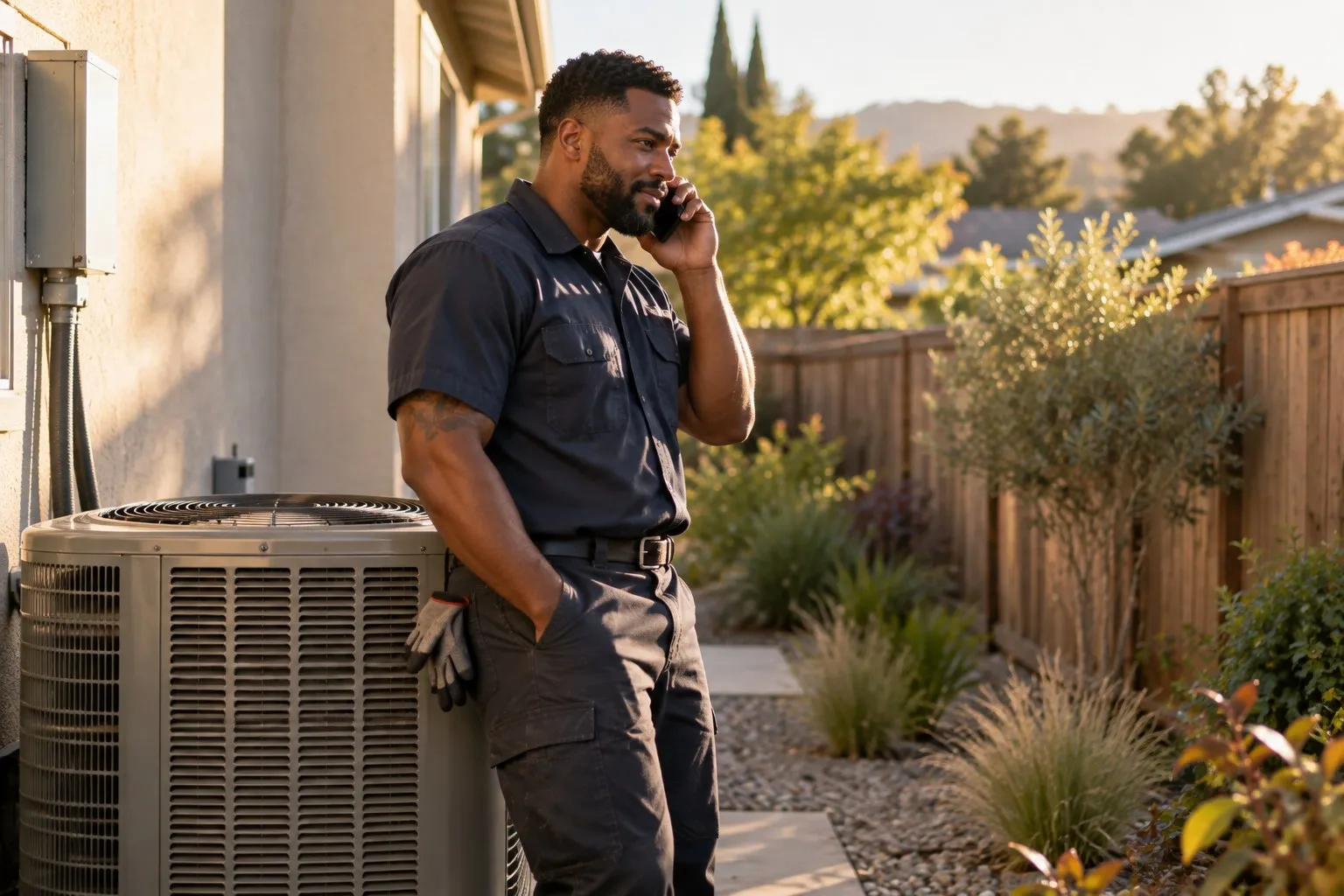 HVAC technician answering a call beside an AC unit