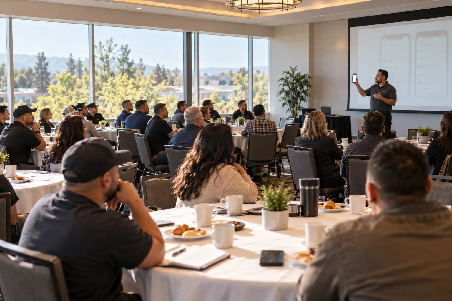 Home service business owners at round tables with coffee, watching a presenter hold up a phone